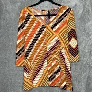 Skyes the Limit XL Shirt Top Gold Brown Striped 3/4 Sleeve V Neck Stretch Womens